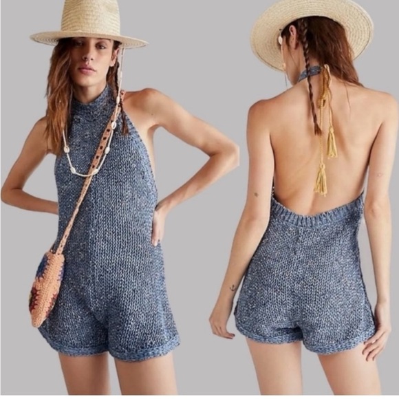 Free People Pants - Free People blue crochet halter sweater romper L large New